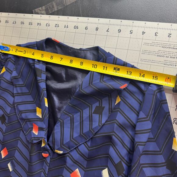Vintage 80s Geometric Chevron Tunic Blouse Sheer Panels Blue Art Deco Pattern L - Picture 12 of 16